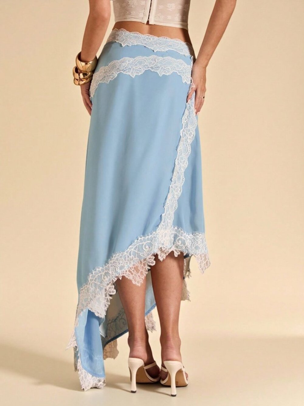 Baby Blue Elegant Women's Lace Trim Chiffon Skirt - Picture 2 of 8